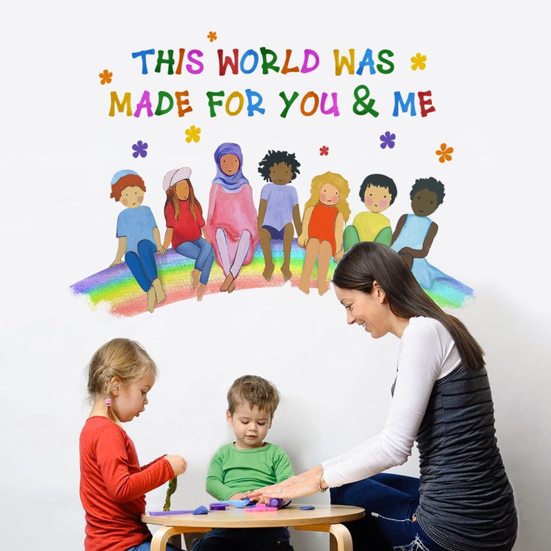 Mfault Kids Diversity Equality Inspirational Wall Decals Stickers  Motivational Inclusion Nursery Decorations Bedroom Playroom Classroom Art  This World was Made for You and Me Toddler Room Decor - Image 3